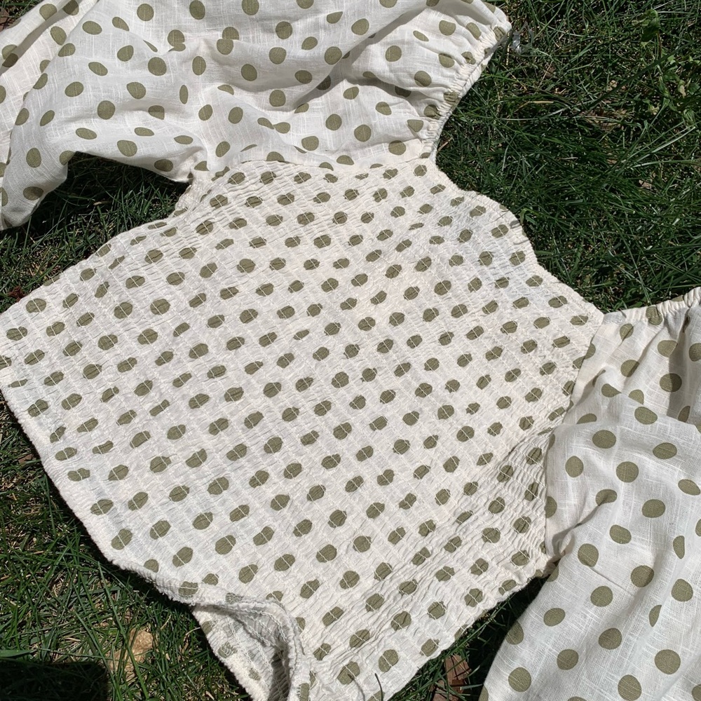 100% cotton polka dot long sleeve ruched top blouse green NWT Sz L Linen Cottage - Picture 4 of 6